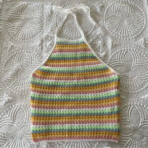 Pink Lily Pink Multicolor Pastel Crochet Crop Halter Top Size L Festival Summer